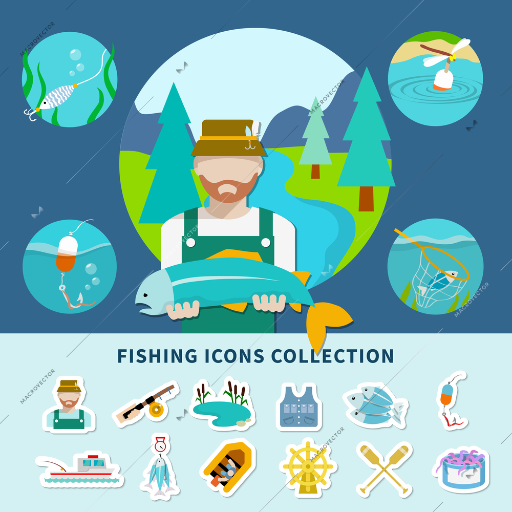 Fishing flat composition with faceless fisherman character and squid images with emoji style isolated icons set vector illustration