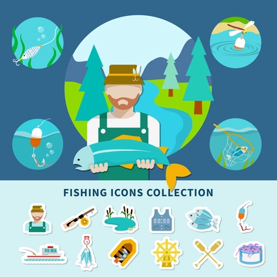 Fishing flat composition with faceless fisherman character and squid images with emoji style isolated icons set vector illustration