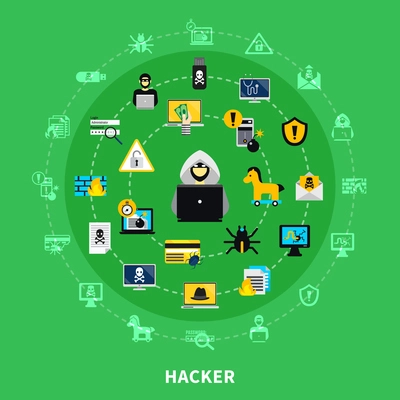 Hacker activity round icons set of firewall trojan horse dangerous mail software infected by worm signs flat cartoon vector illustration