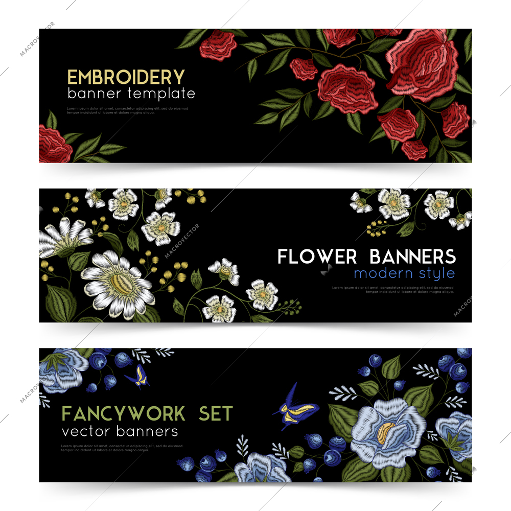 Floral folk embroidery design traditional style patterns 3 horizontal banners set with black background isolated vector illustration