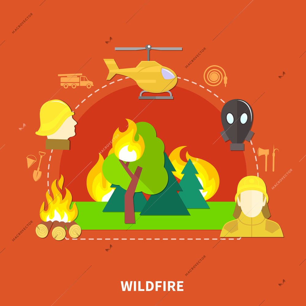 Flat design firefighting work and fireman equipment on red background vector illustration