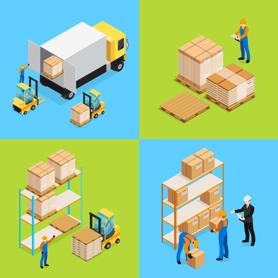 Warehouse isometric compositions including unloading cargo, inventory assorting and storage of goods isolated vector illustration