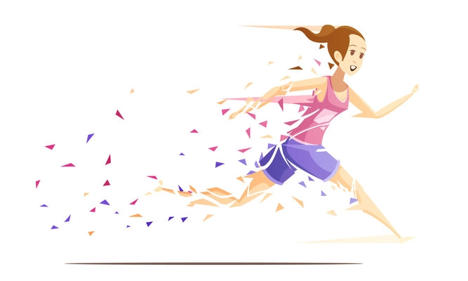 Runner woman action retro cartoon composition with running girl athlete falling to pieces of splash paper vector illustration