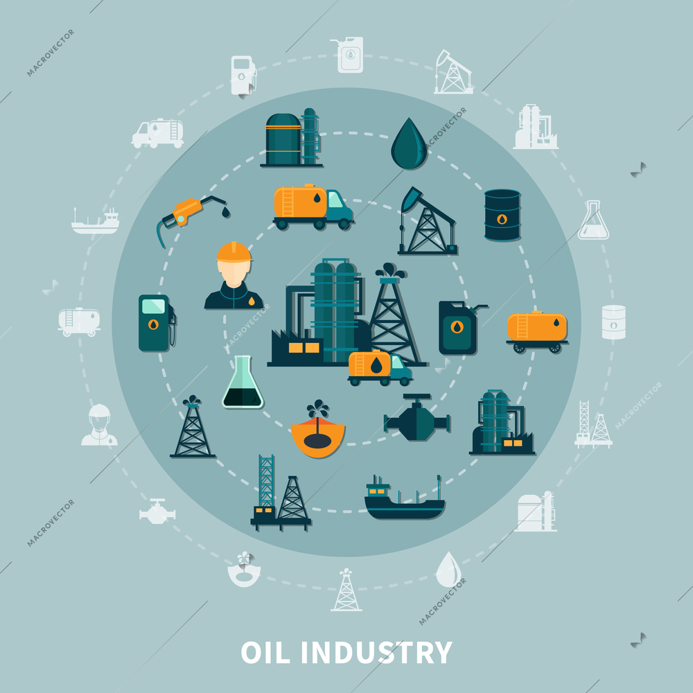 Oil industry composition with isolated flat icons and silhouettes of petroleum production transportation and storage facilities vector illustration