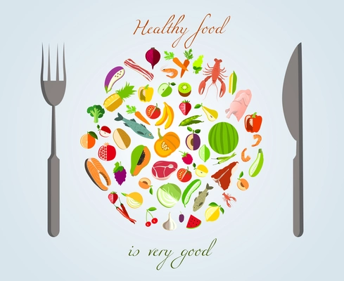 Healthy food plate made of fruits vegetables meat and fish with fork and knife concept vector illustration