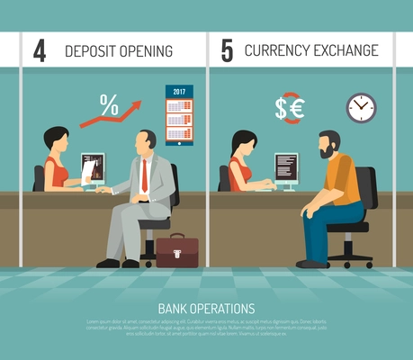 Bank office clerks performing operations of deposit opening and currency exchange flat vector illustration