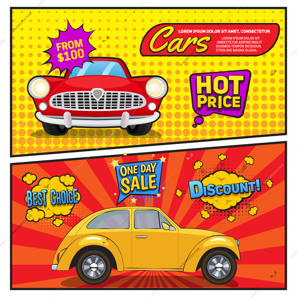 Sales of cars comic style banners with discount, speech bubbles on pop art background isolated vector illustration