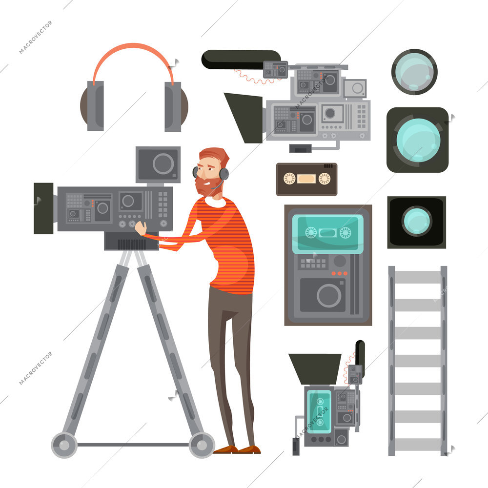 Film cameraman with video equipment including tape headphones filters for objective lens vhs player isolated vector illustration