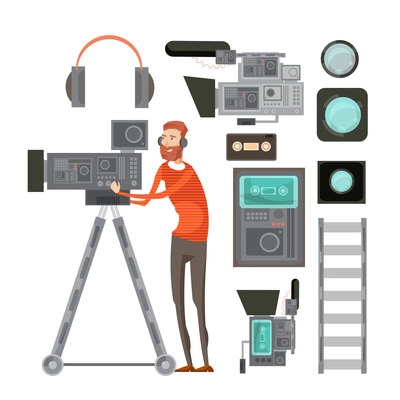 Film cameraman with video equipment including tape headphones filters for objective lens vhs player isolated vector illustration