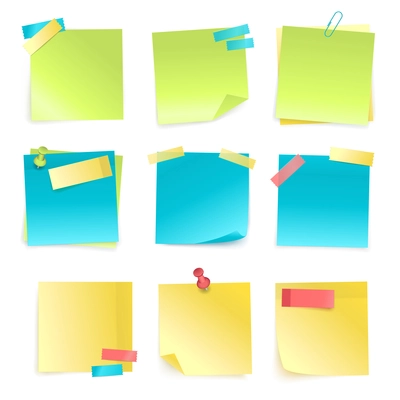 Set of colored isolated sticky notes with paper clip and adhesive tape isolated on white background realistic vector illustration