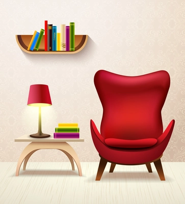 Room cartoon interior with armchair lamp table and books  vector illustration