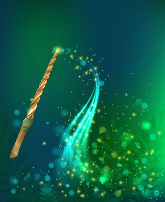 Luminous glare background with magic wand and sparkle glitter trail in realistic style vector illustration