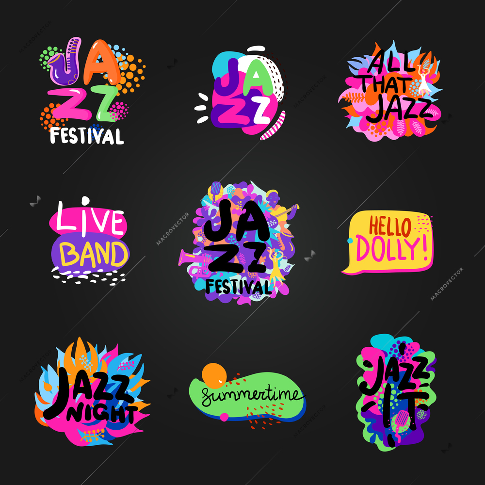 Colorful flat set of bright jazz festival themes isolated on blackboard background vector illustration