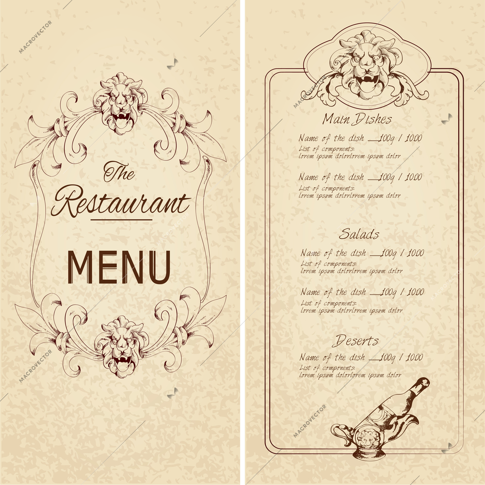 Retro vintage restaurant menu template with lion and wine bottle decoration vector illustration