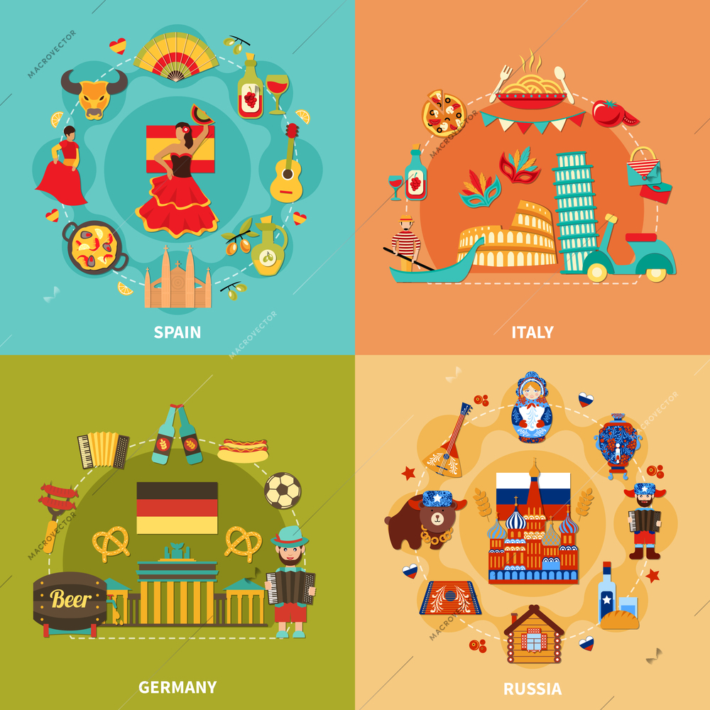 Travel set of four square compositions with flat national characters and symbols of various european countries vector illustration