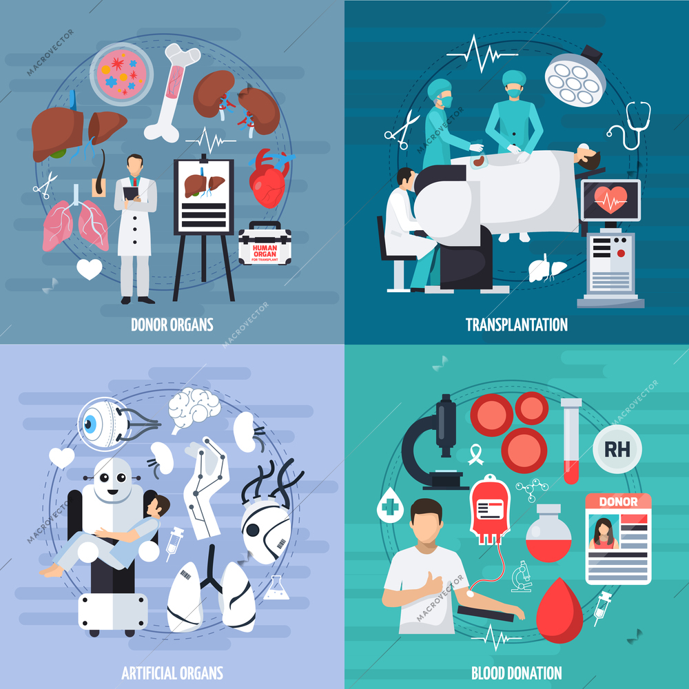 Transplantation 2x2 design concept set of donor and artificial organs blood donation and transplant operation compositions flat vector illustration