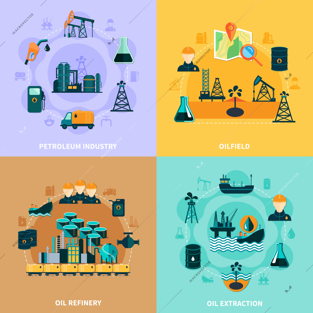 Oil industry design concept with round compositions of petroleum production and operating equipment icons and silhouettes vector illustration