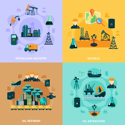 Oil industry design concept with round compositions of petroleum production and operating equipment icons and silhouettes vector illustration