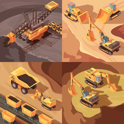 Mining set of square compositions with machinery equipment performing open pit operations in through cut scenery vector illustration