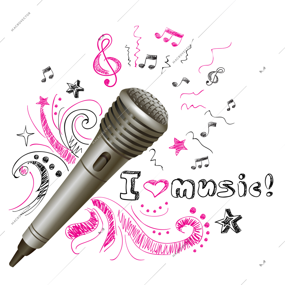 Music doodle karaoke microphone musical equipment print with notes on background vector illustration