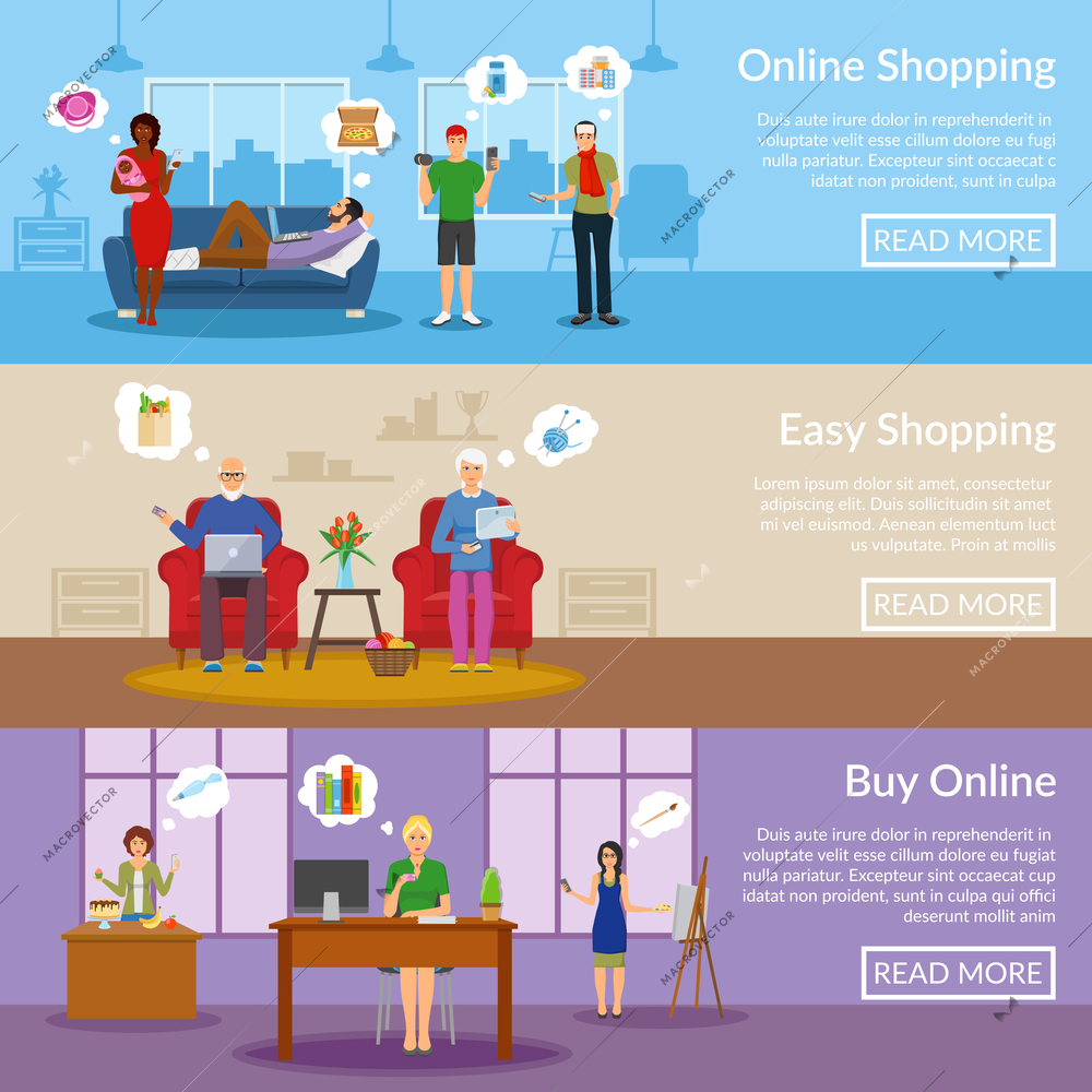 Online shopping horizontal banners with customers use gadgets for buying on internet flat vector illustration