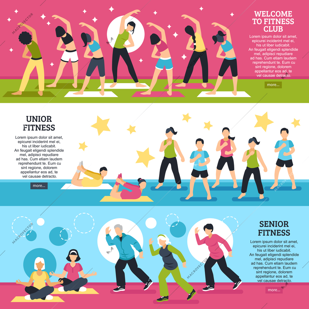 Horizontal banners set with fitness classes for junior and senior persons with yoga elements isolated vector illustration