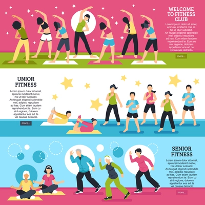 Horizontal banners set with fitness classes for junior and senior persons with yoga elements isolated vector illustration