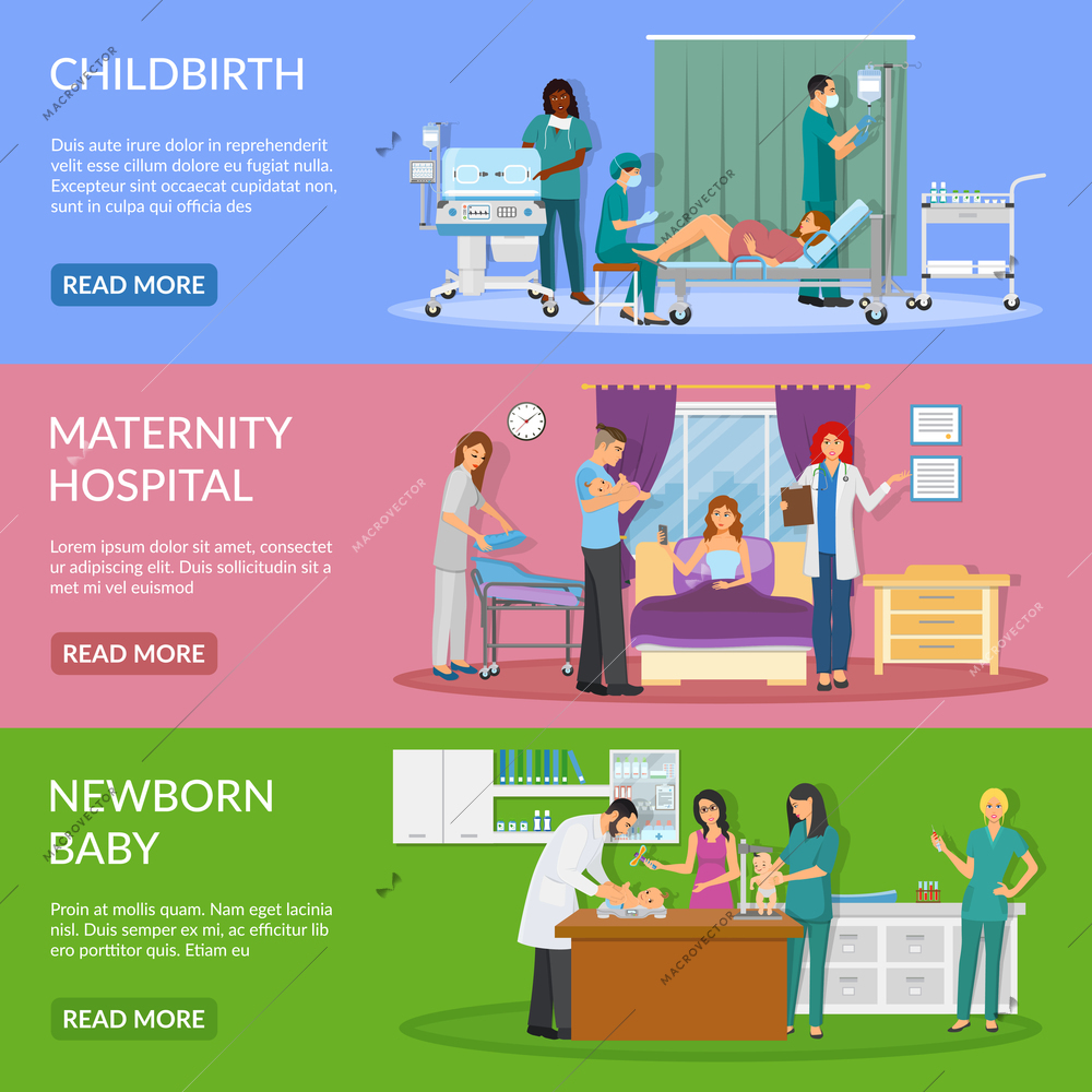 Maternity hospital horizontal banners set of  childbirth newborn baby happy father flat compositions vector illustration