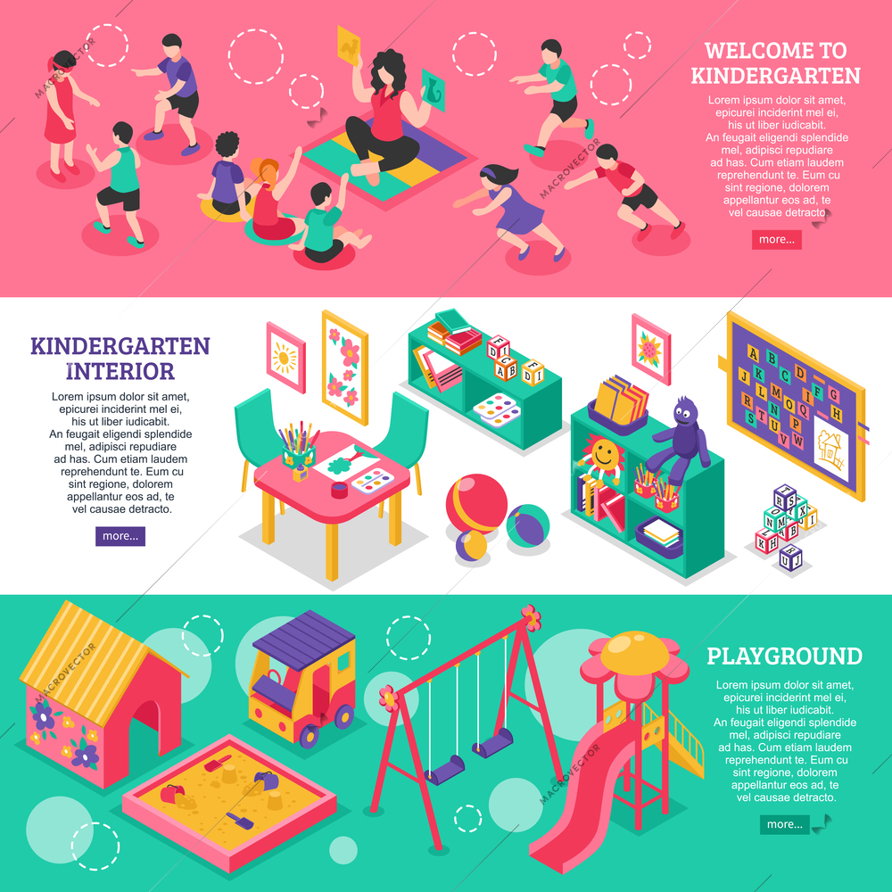 Kindergarten isometric horizontal banners with elements of interior and playground and teacher working with children educational games vector illustration