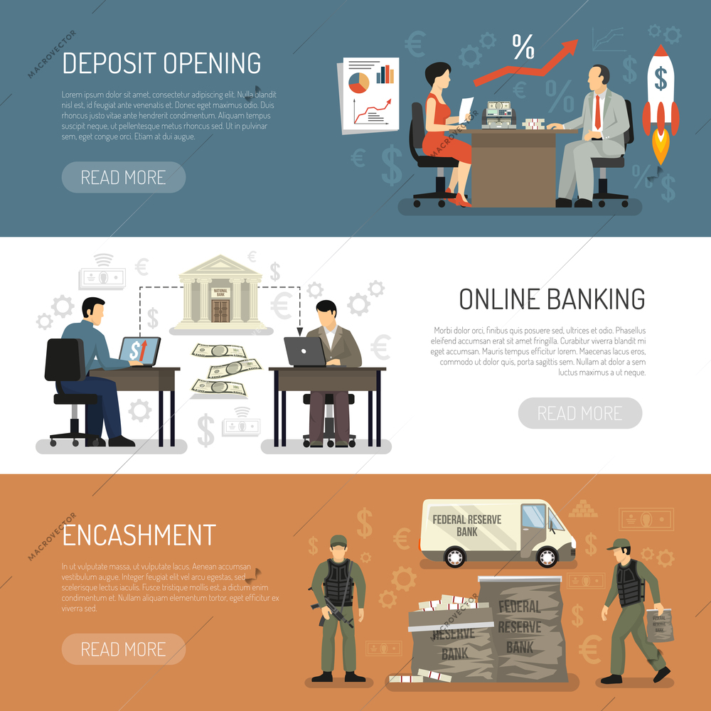 Horizontal banners set with encashment online banking and deposit opening in bank office flat isolated vector illustration