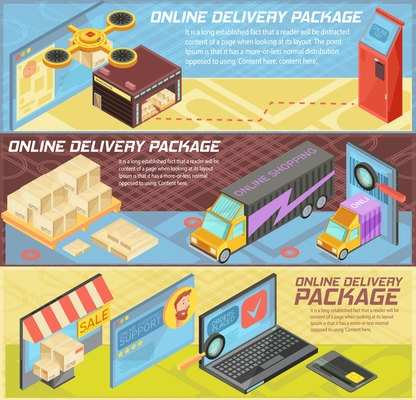 Goods online delivery horizontal isometric banners with internet shopping, packages, warehouse, transportation, mobile devices isolated vector illustration