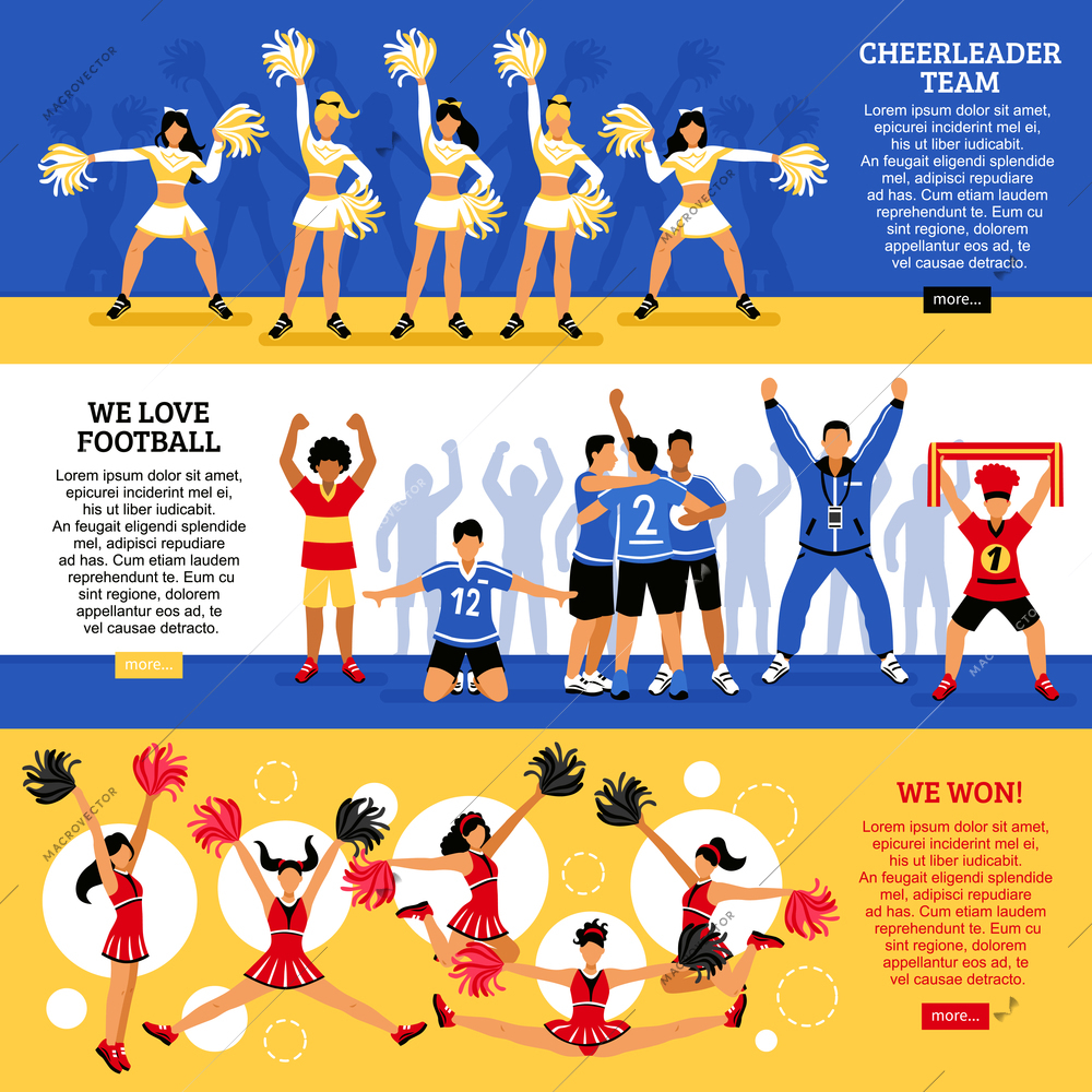 Football soccer sport clubs cheerleaders and supporters  information 3 flat horizontal banners webpage design isolated vector illustration