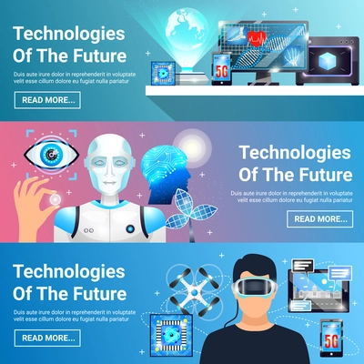 Set of horizontal banners with future technologies including virtual reality headset, robot, digital medicine isolated vector illustration