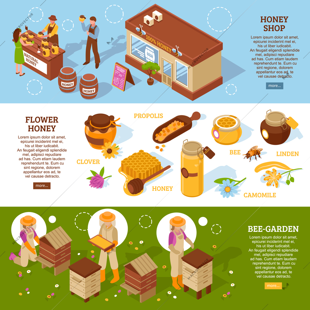 Bee garden farm with natural organic honey shop 3 horizontal isometric banners set webpage design vector illustration