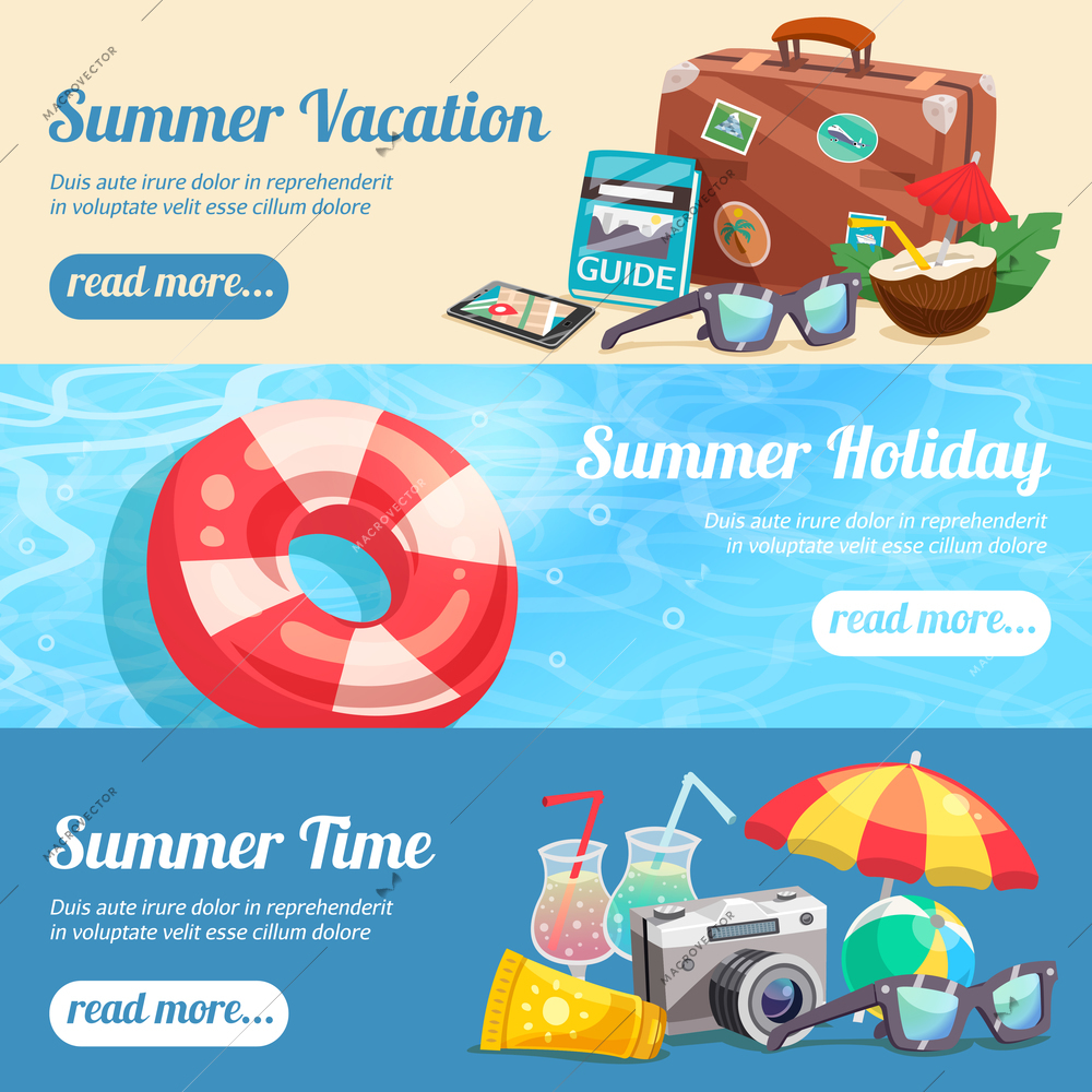 Summer holiday set of horizontal banners with beach accessories travel attributes lifebuoy on water isolated vector illustration