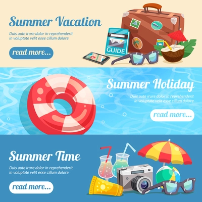 Summer holiday set of horizontal banners with beach accessories travel attributes lifebuoy on water isolated vector illustration