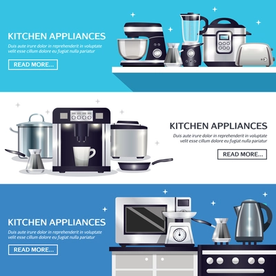 Kitchenware set of horizontal banners with pans, microwave, food processor, blender, toaster, slow cooker isolated vector illustration