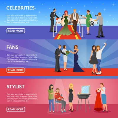 Celebrity horizontal banners set with superstar on red carpet fans making selfie with celebrity and stylist room flat vector illustration