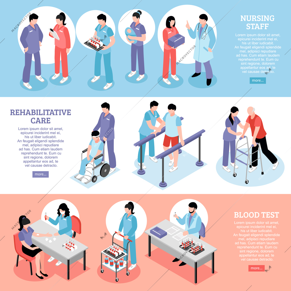 Hospital information online 3 isometric banners with staff nurses at rehabilitation center and blood test vector illustration