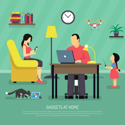 People evolution digital gadget composition of flat family human characters and domestic room interior with text vector illustration