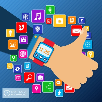 Smart watch smartphone sync concept with thumbs up hand and mobile apps icons vector illustration