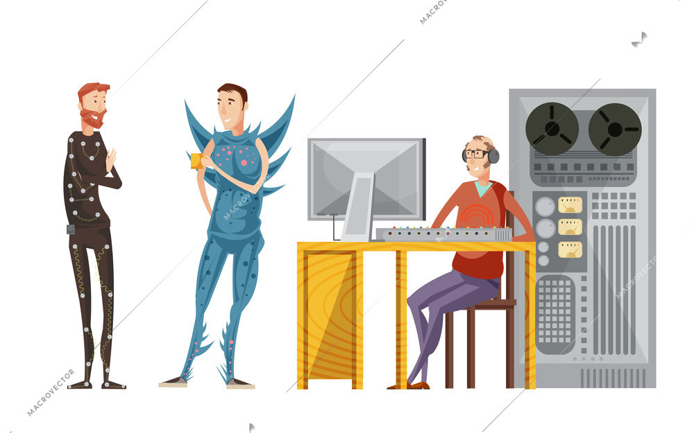 Making movie sound recording set with engineer with audio equipment and actors in costumes isolated vector illustration