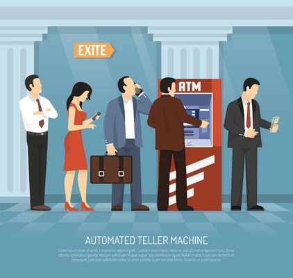 People getting money and performing bank operations in atm flat vector illustration