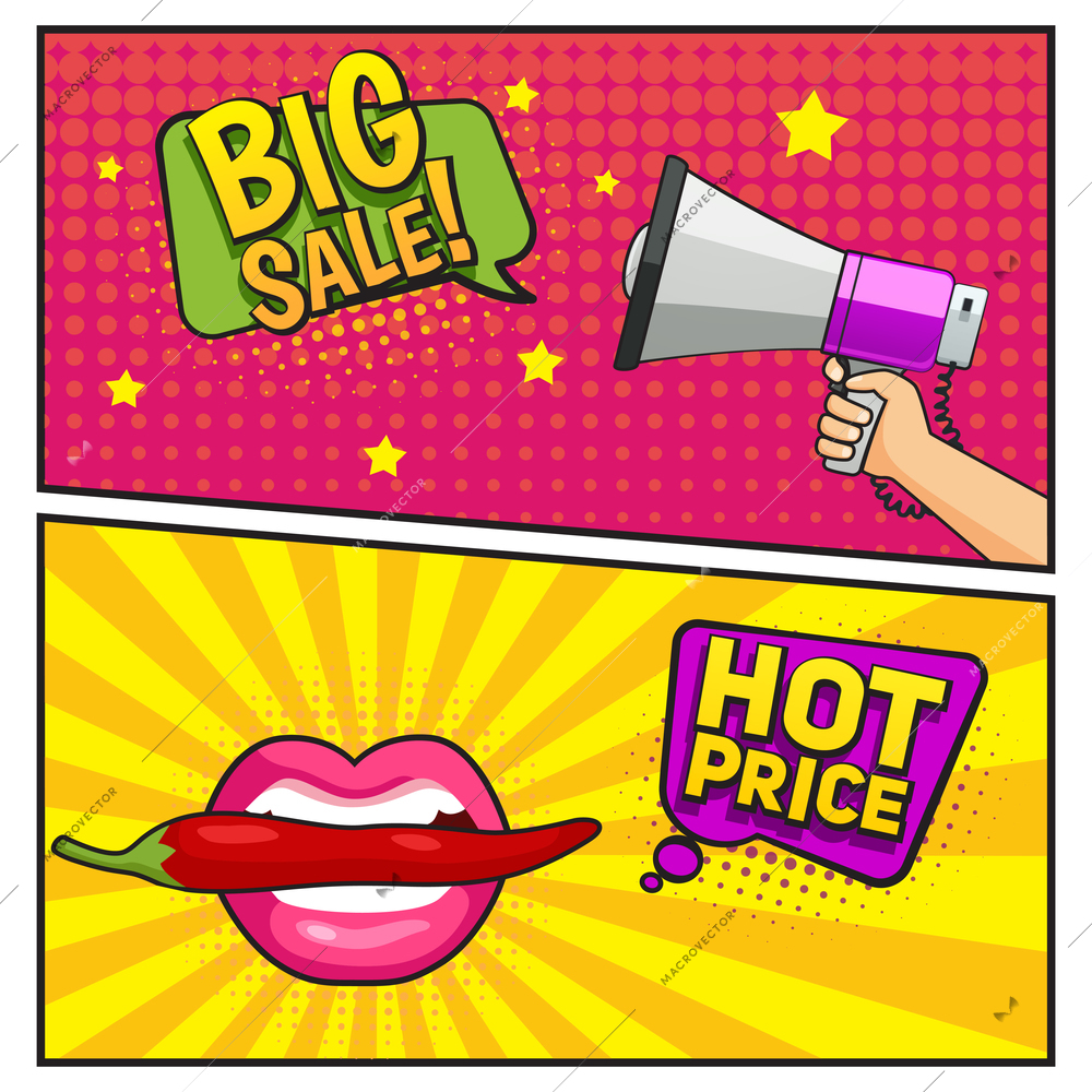 Big sale comic style banners with megaphone in hand and mouth holding chili pepper isolated vector illustration