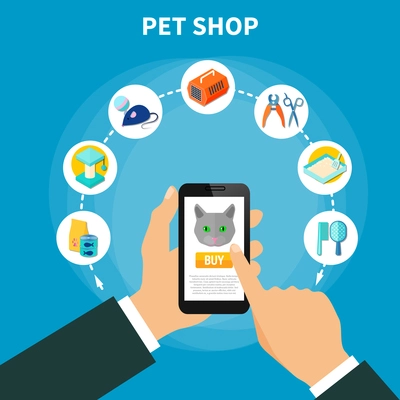 Online shop concept with pet care accessories for cats on blue background flat vector illustration