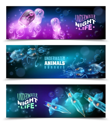 Underwater world 3 horizontal colorful banners set with transparent purple turquoise blue marine creatures isolated vector illustration