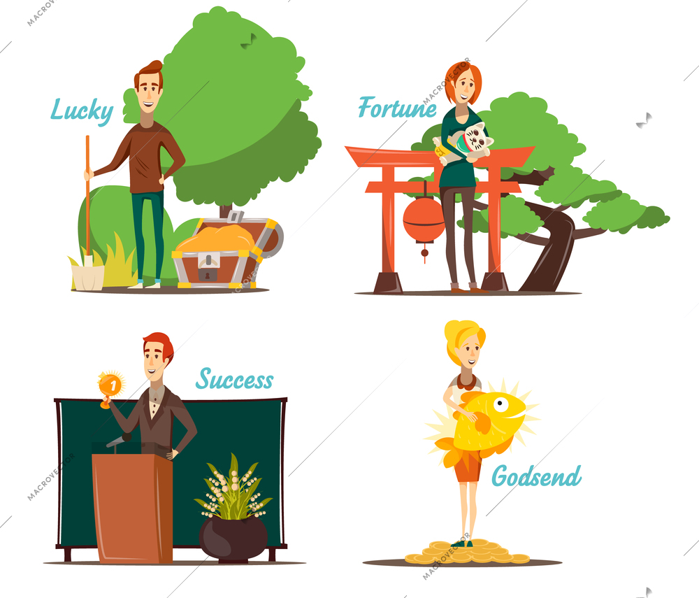 Lucky situations compositions set of four isolated images with flat human character and appropriate outdoor scenery vector illustration