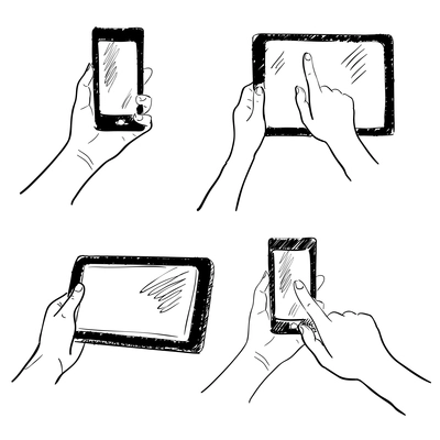 Hand gestures holding smartphone tablet touchscreen sketch set isolated vector illustration