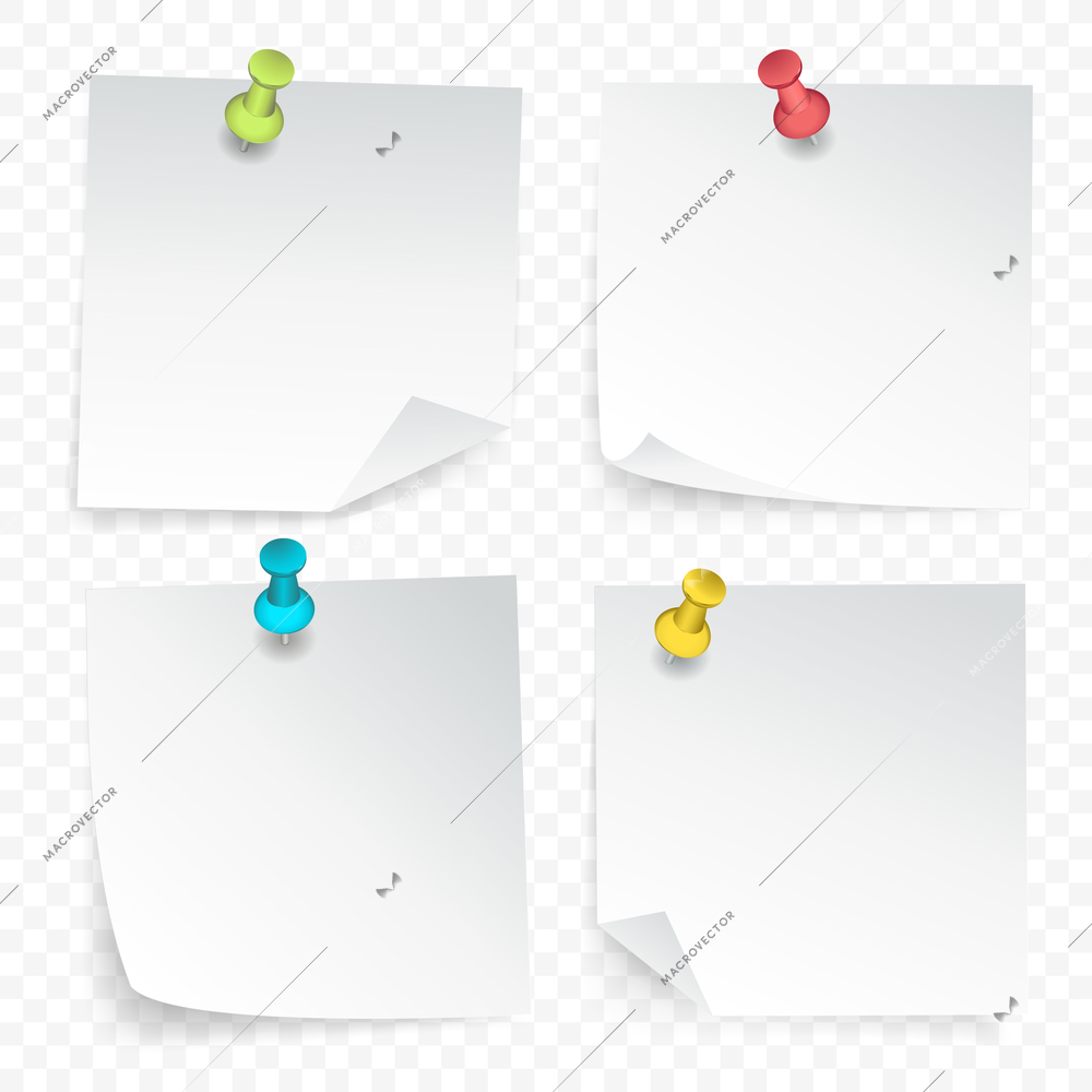 Set of white paper clean sheets with curled corner pinned by colored pushpins on transparent background  isolated vector illustration