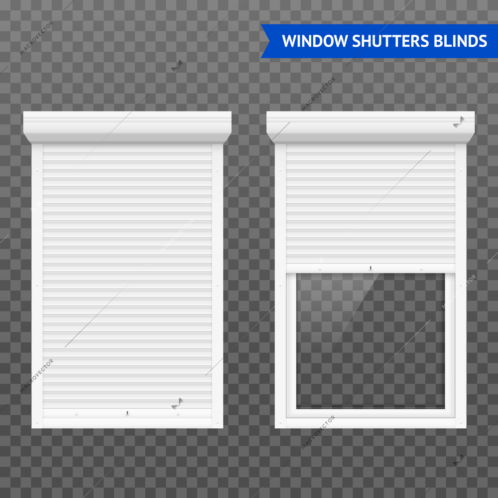 Window roller shutters set in closed and open form white on transparent background vector illustration